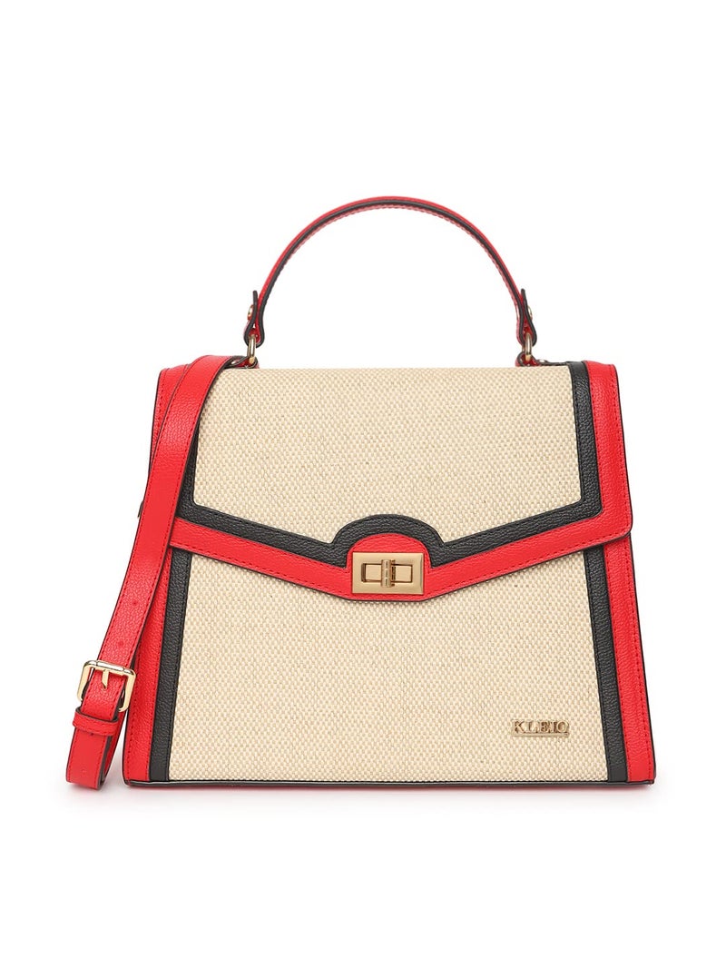 KLEIO Jute Canvas Top Handle Handbag for Women/Girls - Red and Black - Image 1
